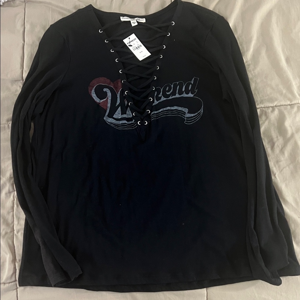 Express Black Lace-Up Graphic Long Sleeve Top